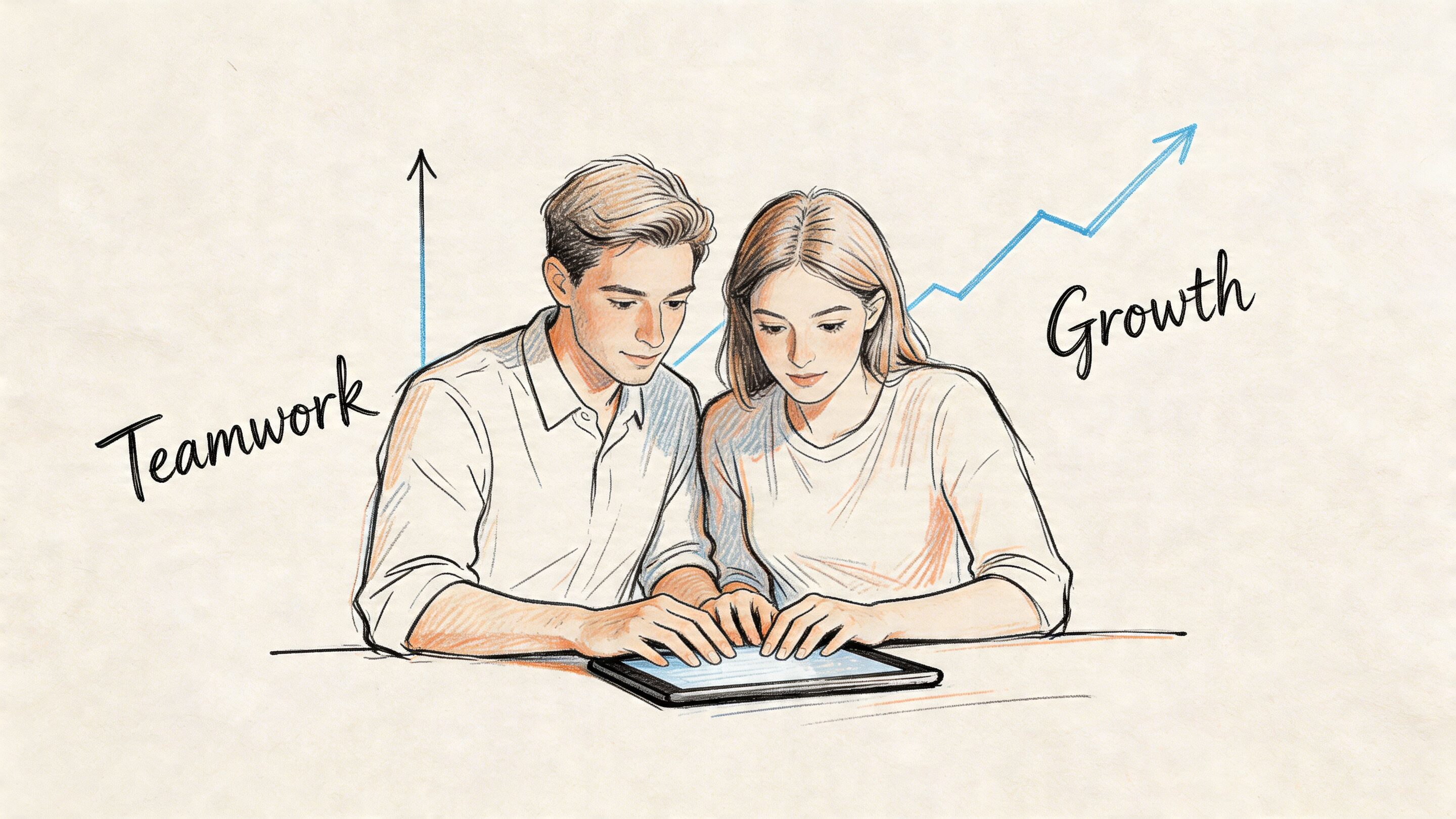 A male and female professional collaborating on a tablet to symbolize business teamwork and corporate growth.