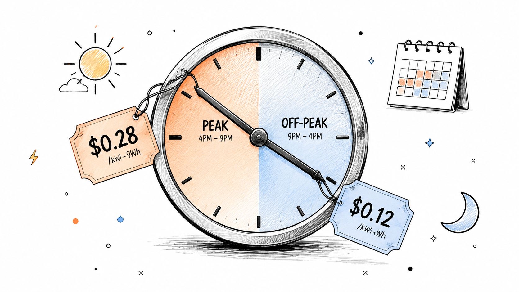 A hand-drawn style clock illustration displaying peak and off-peak electricity pricing with time slots and costs.
