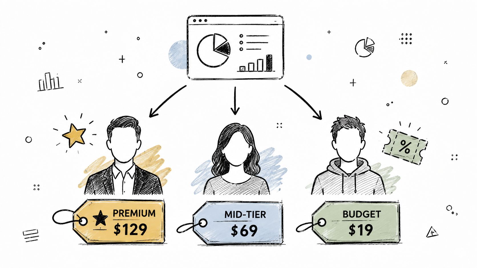 An illustration showing three different pricing tiers, premium, mid-tier, and budget, associated with different customer personas.
