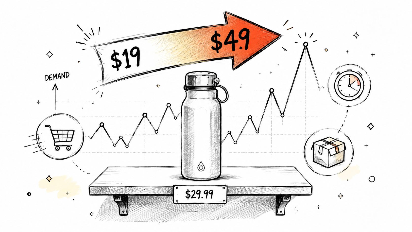A hand-drawn illustration showing a water bottle on a shelf with dynamic pricing trends and demand charts.