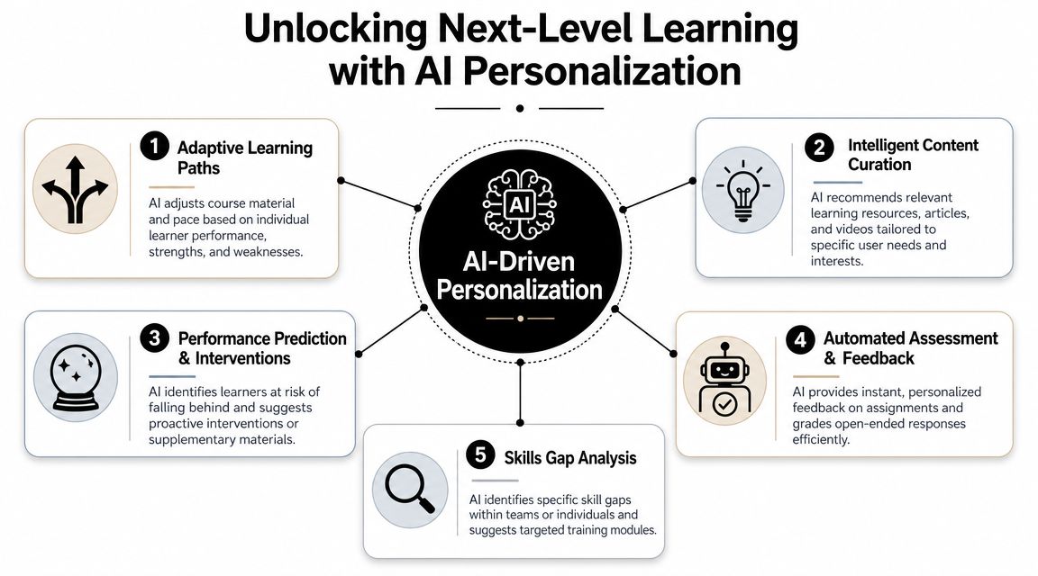 A diagram illustrating five key benefits of AI-driven personalization for enhancing e-learning and personalized education strategies.