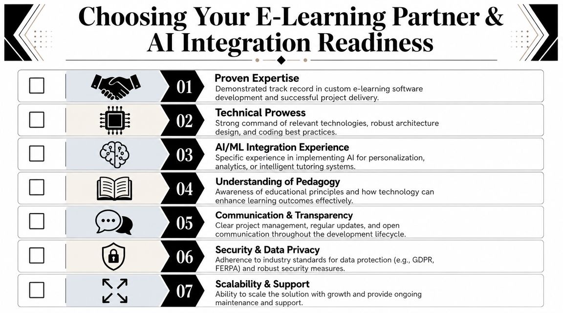 A checklist infographic detailing seven essential criteria for selecting an e-learning software development partner.