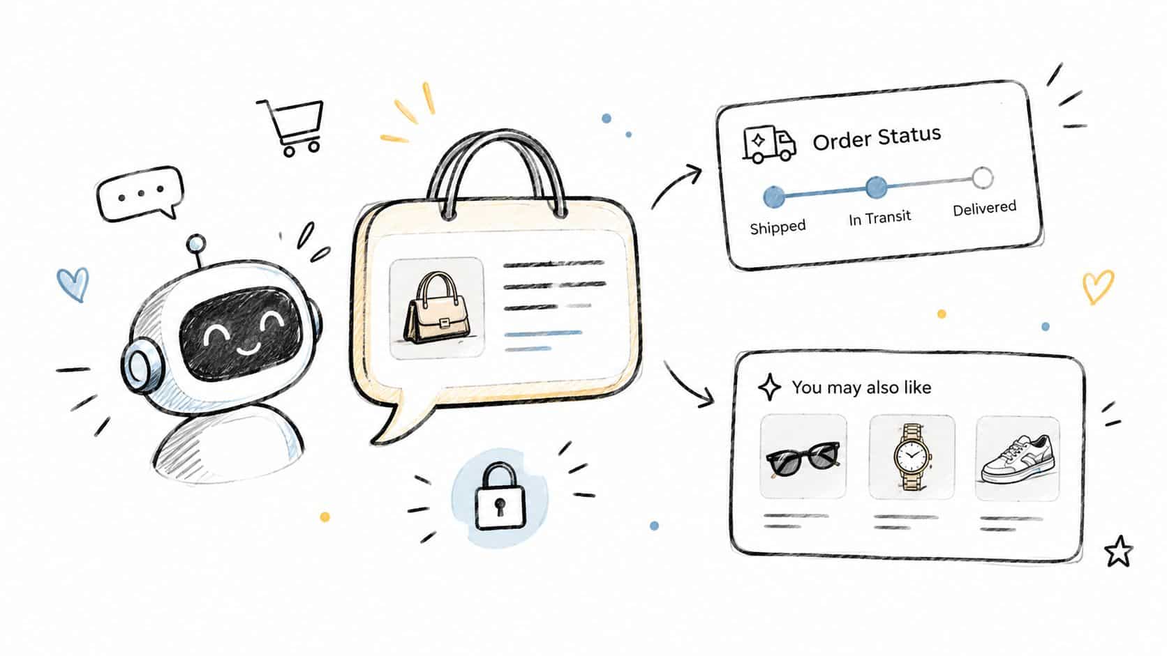 A friendly chatbot displays order status updates and personalized shopping recommendations to a customer on screen.