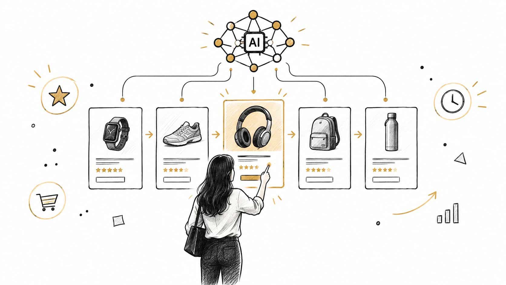 A woman interacting with AI-powered personalized product recommendations displayed in a digital shopping interface.