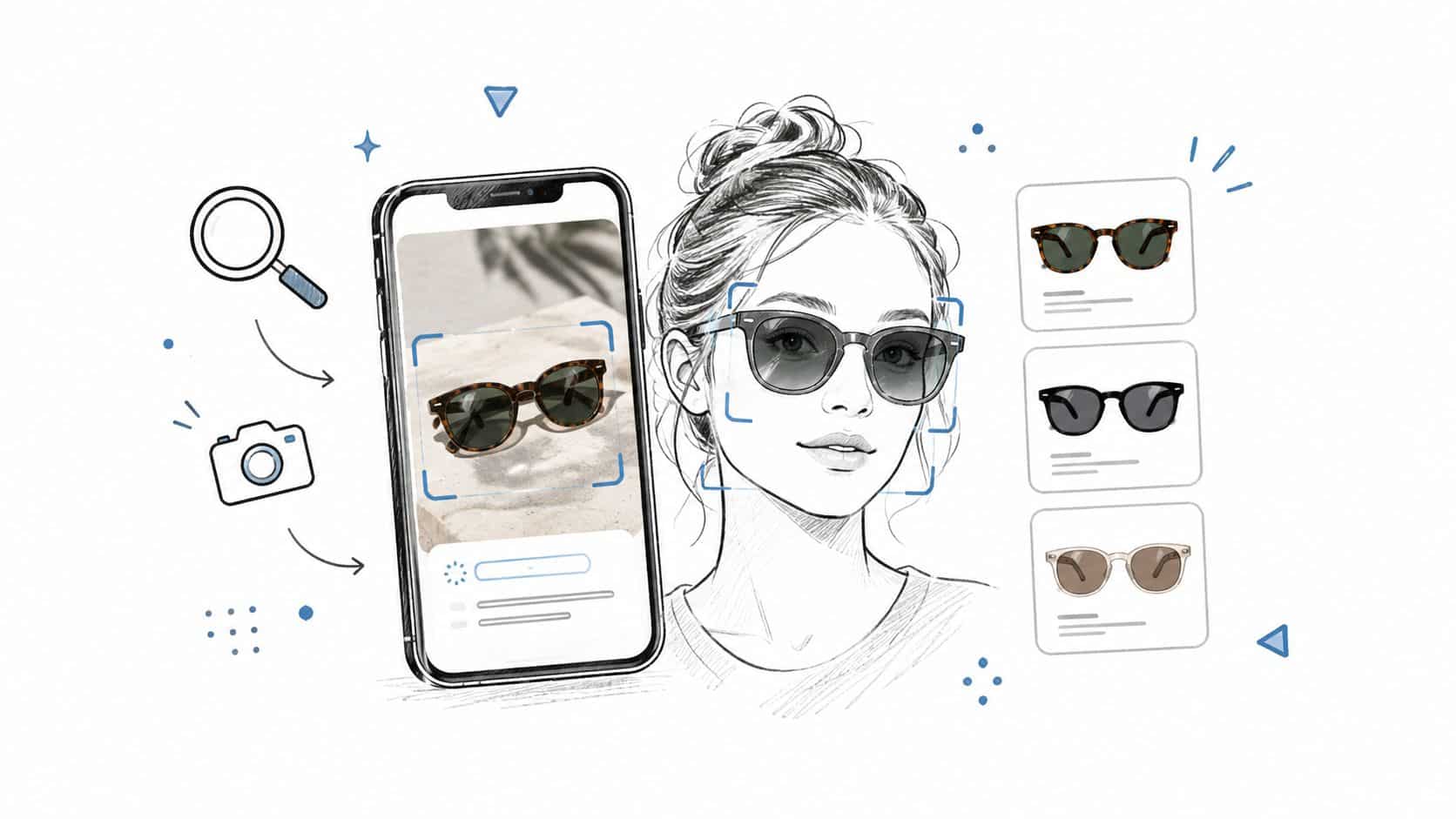 A digital illustration showing a mobile app using augmented reality to virtually try on sunglasses.