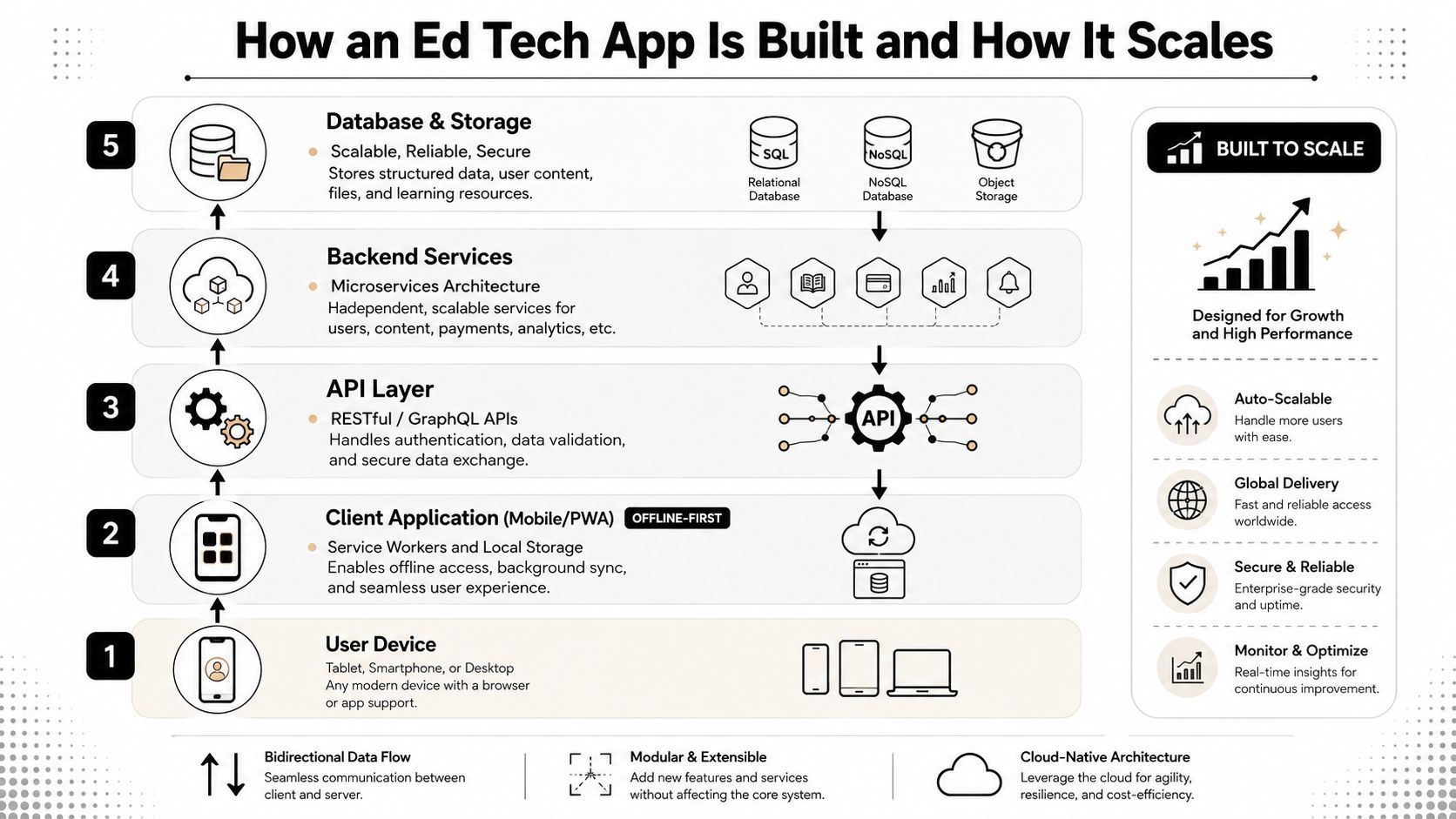A diagram illustrating the five-tier architectural stack and scalability features of modern educational technology applications.
