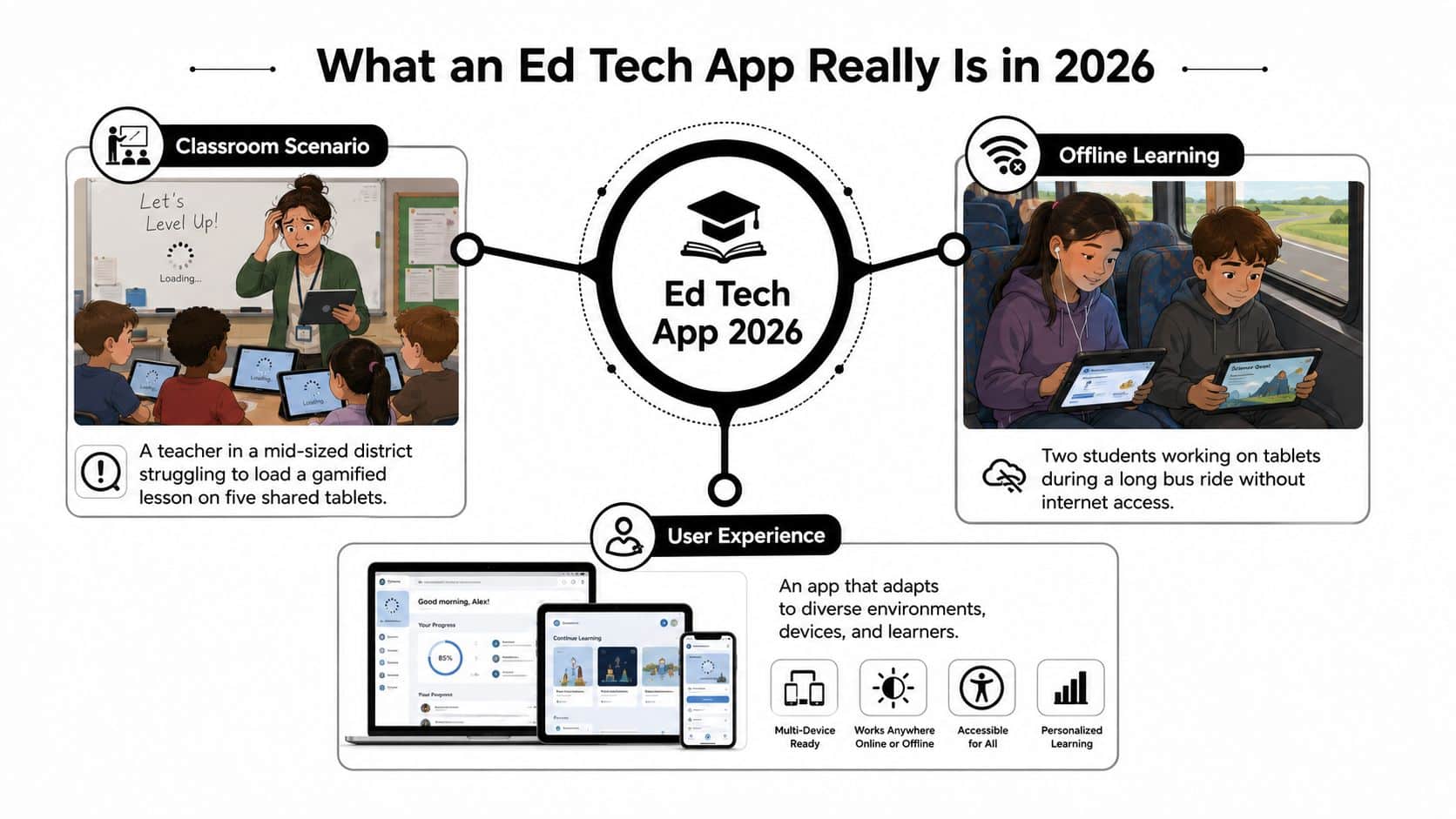 An infographic illustrating challenges and ideal features for educational technology apps in the year 2026.