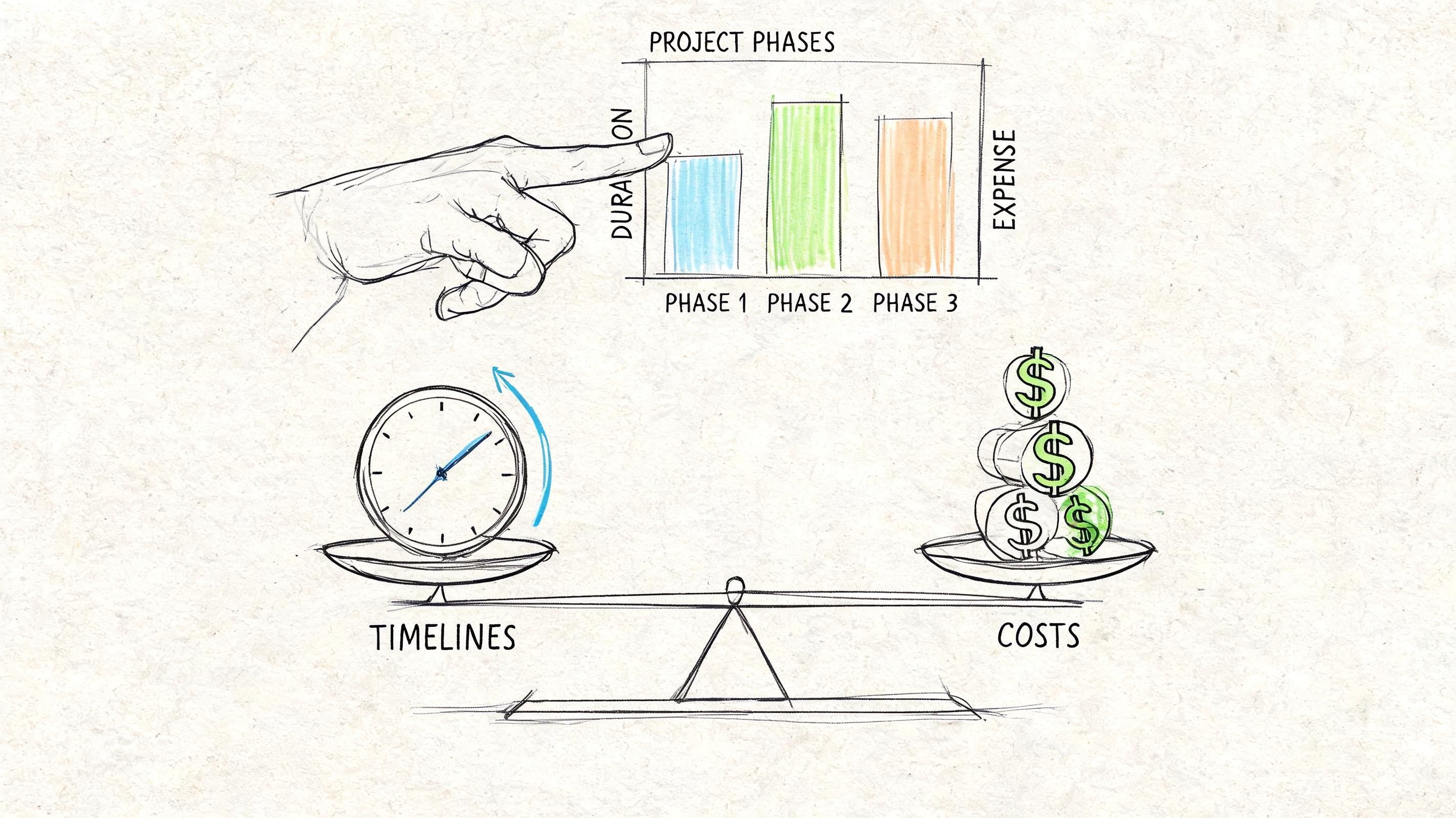 A hand-drawn illustration depicting project management with project phases, timelines, and costs represented on a balance scale.