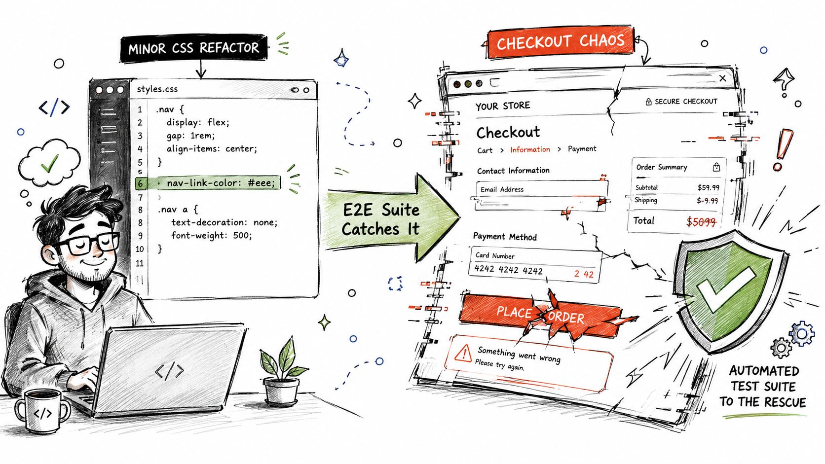 A developer performing CSS refactoring, while an end-to-end testing suite detects a broken checkout page error.