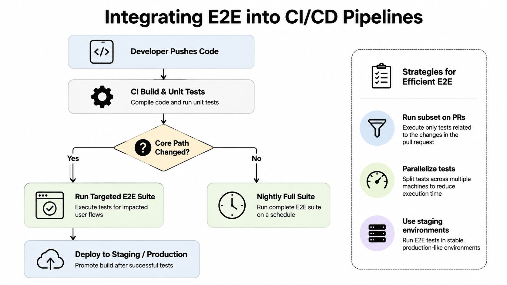Flowchart demonstrating how to integrate end to end testing within CI CD development pipelines efficiently.