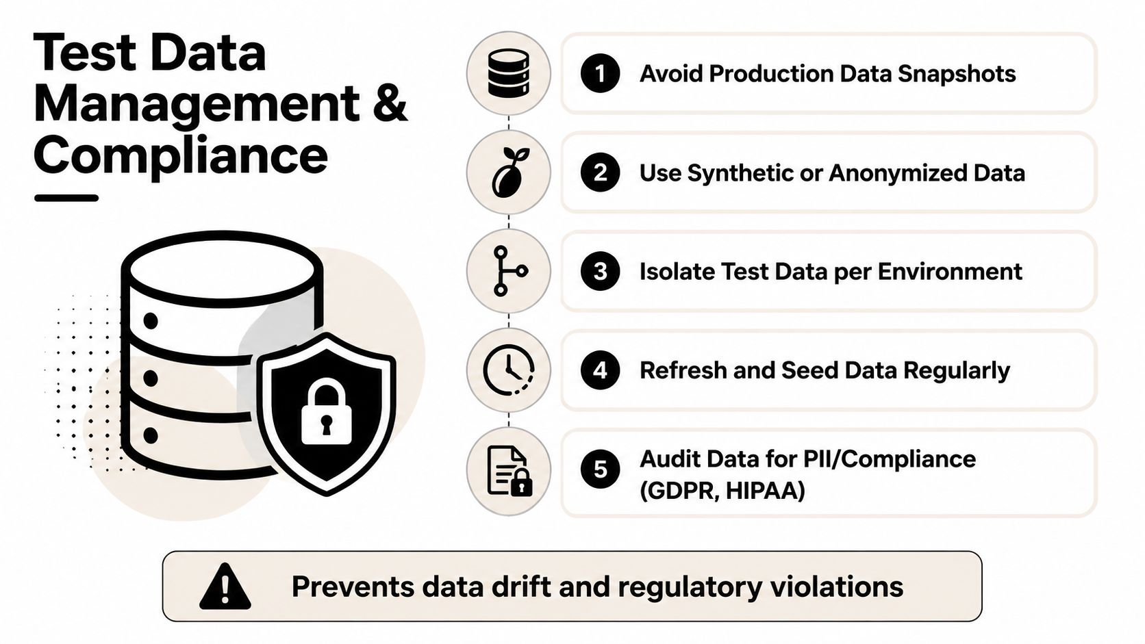 An infographic showing five key steps for secure test data management and regulatory compliance in software testing.