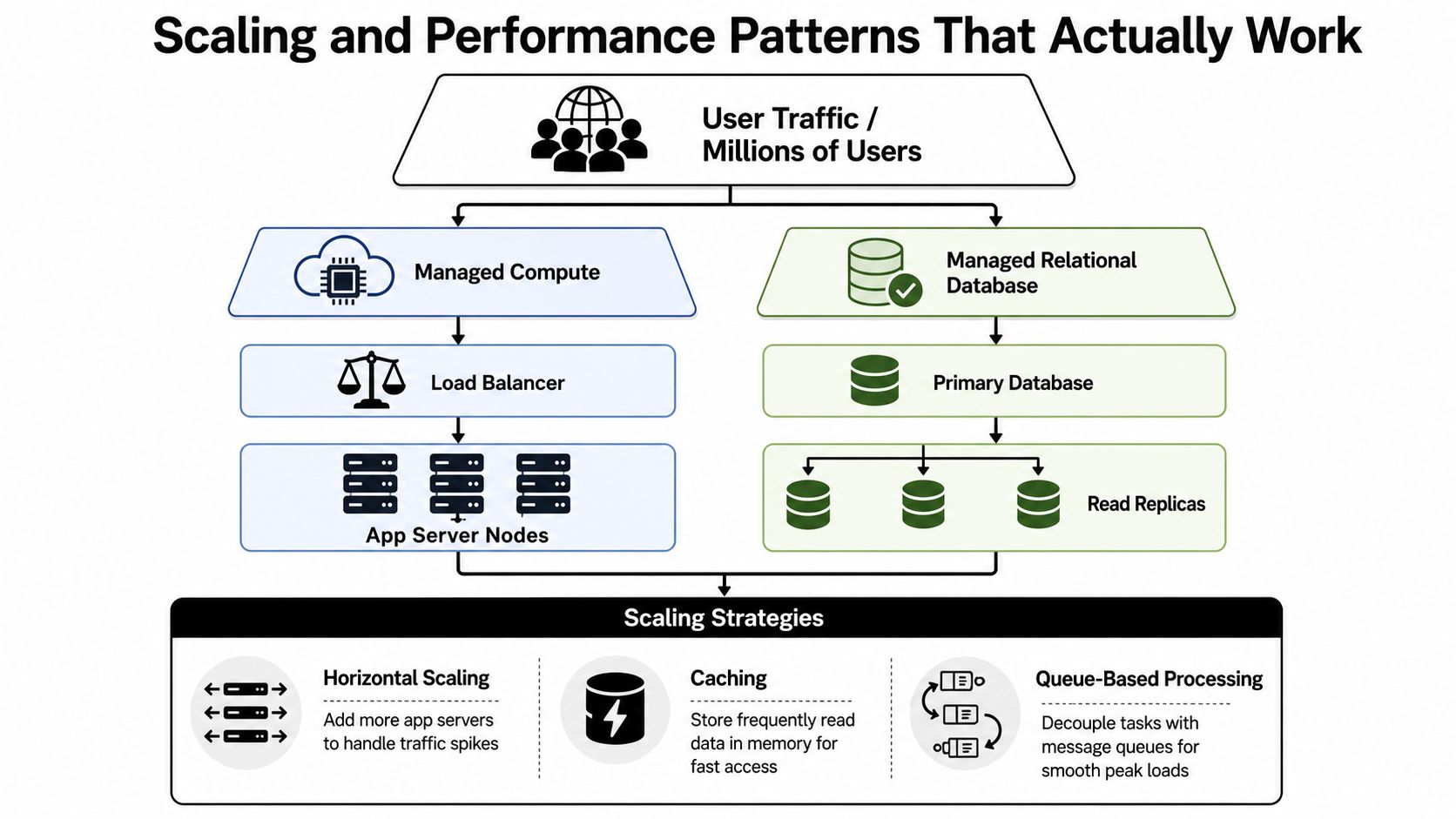 A diagram illustrating system design patterns for scaling and performance in enterprise application development.
