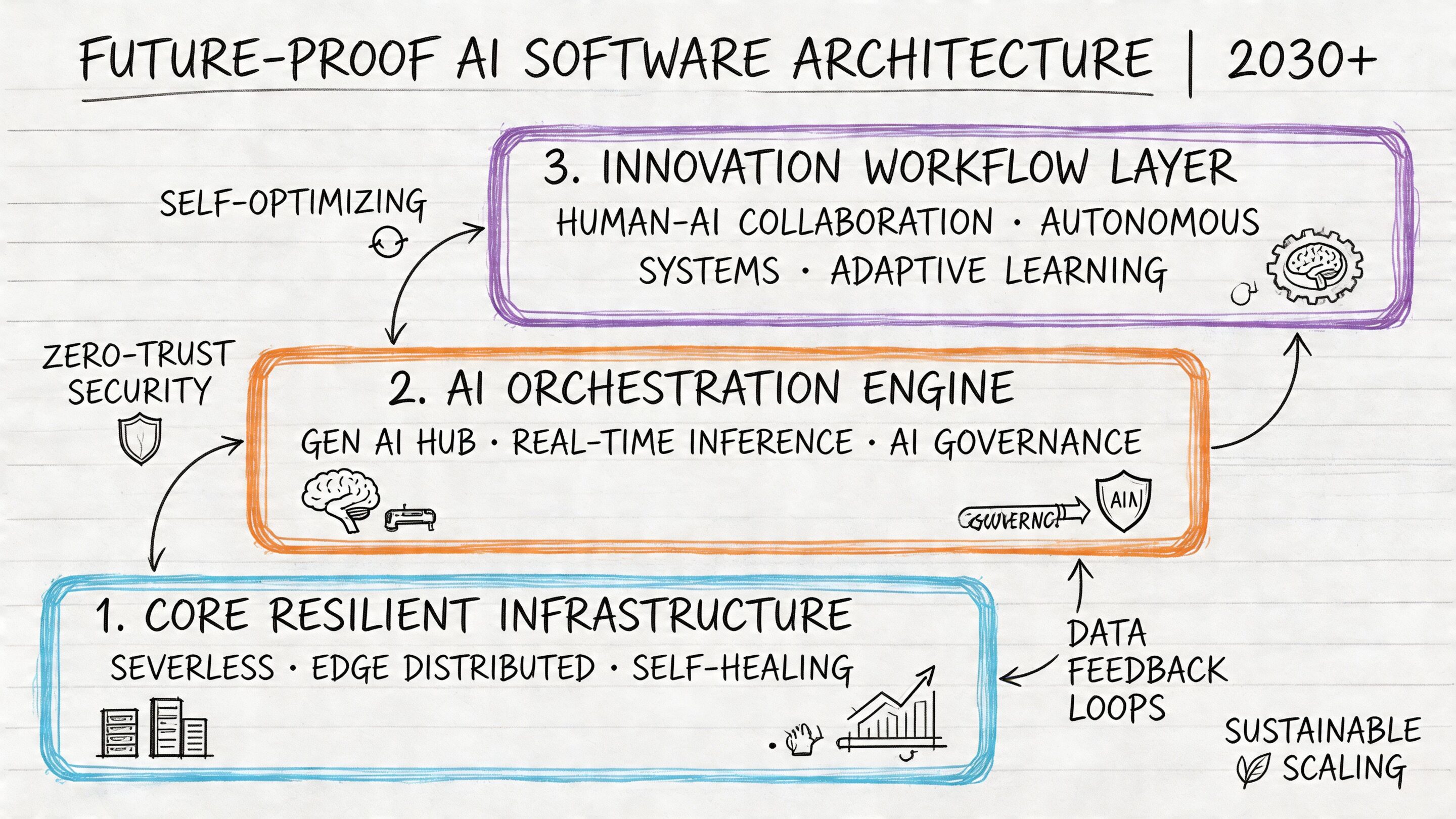 A diagram illustrating a future-proof AI software architecture featuring infrastructure, orchestration, and innovation workflow layers.