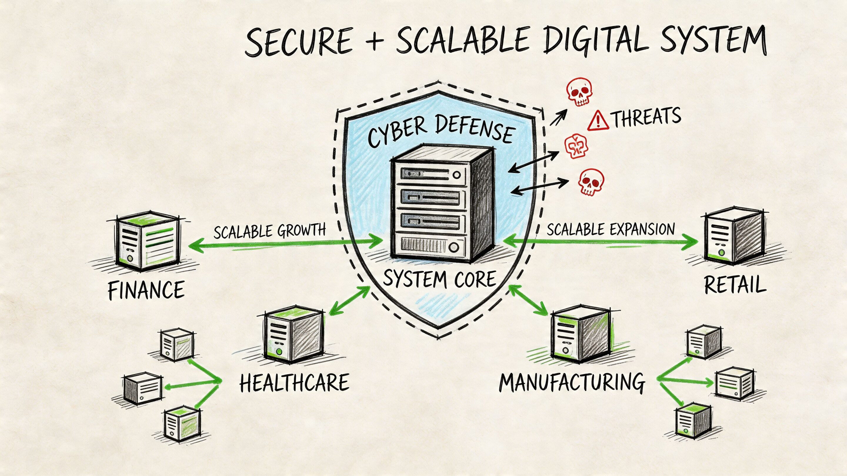 A digital illustration showing a secure central core protecting finance, retail, healthcare, and manufacturing systems from threats.
