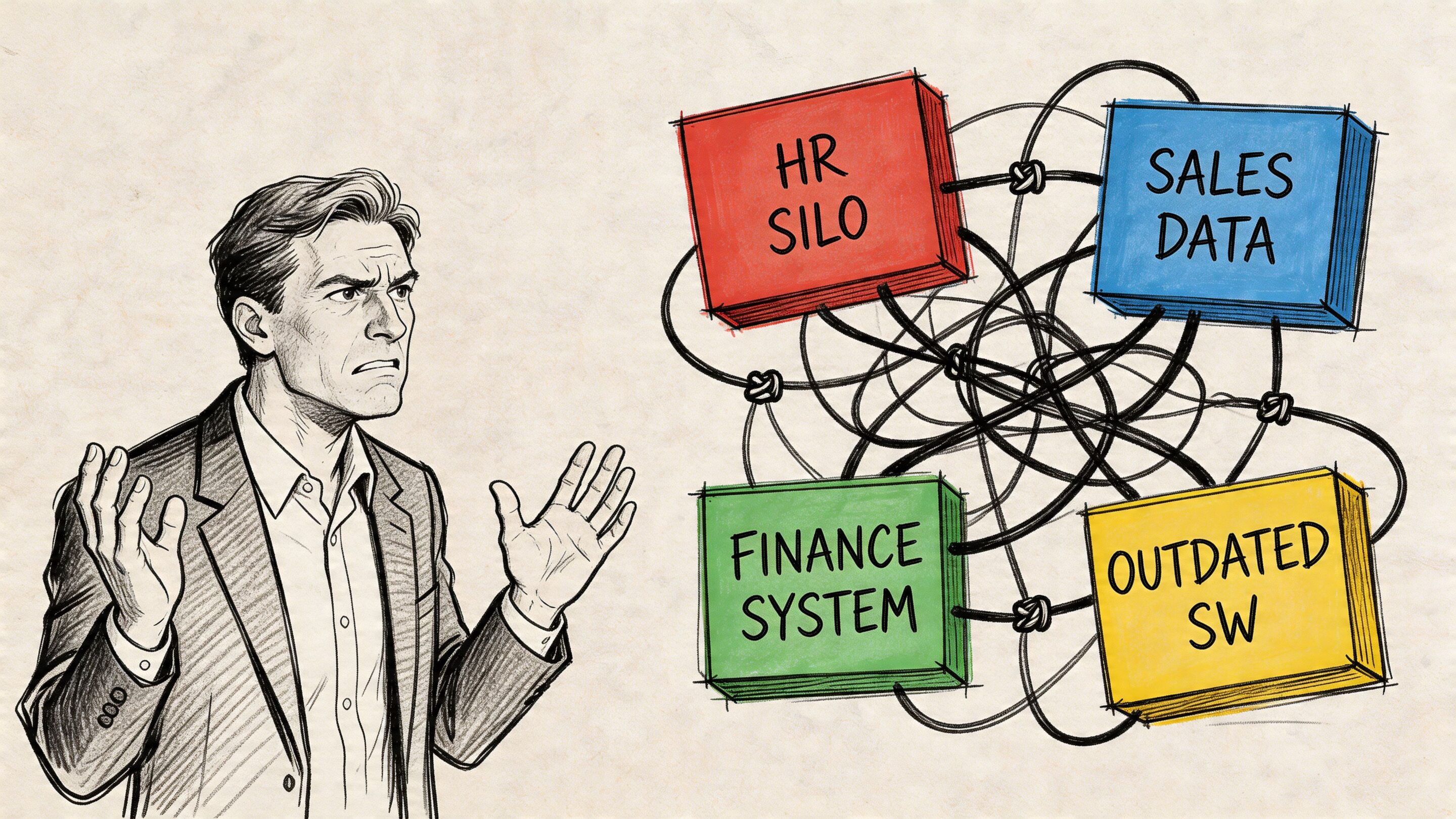 A frustrated businessman gesturing towards a chaotic, tangled web connecting disparate enterprise software systems and data silos.
