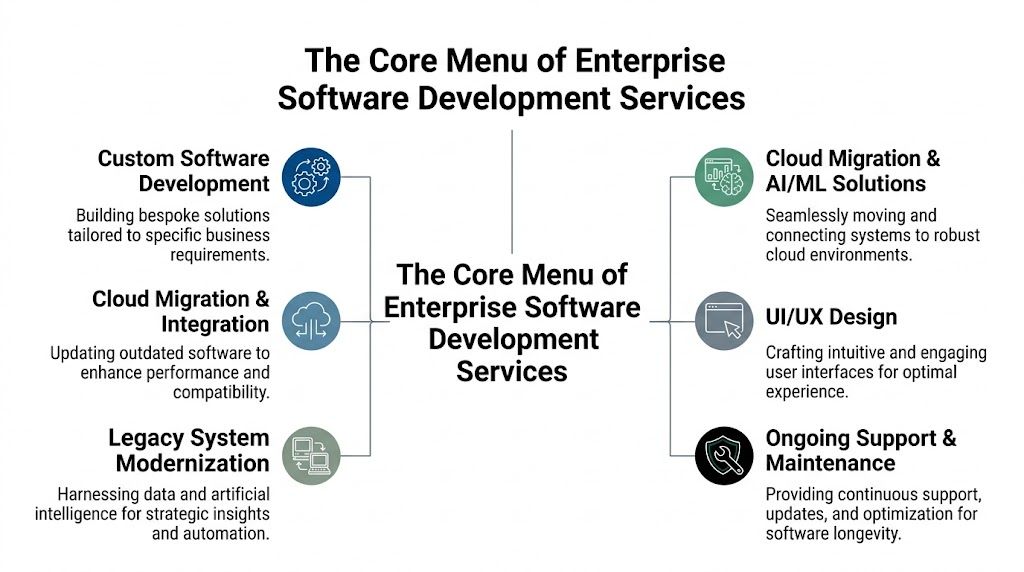 A graphic diagram listing core enterprise software development services including custom development, cloud migration, UI/UX design, and maintenance.