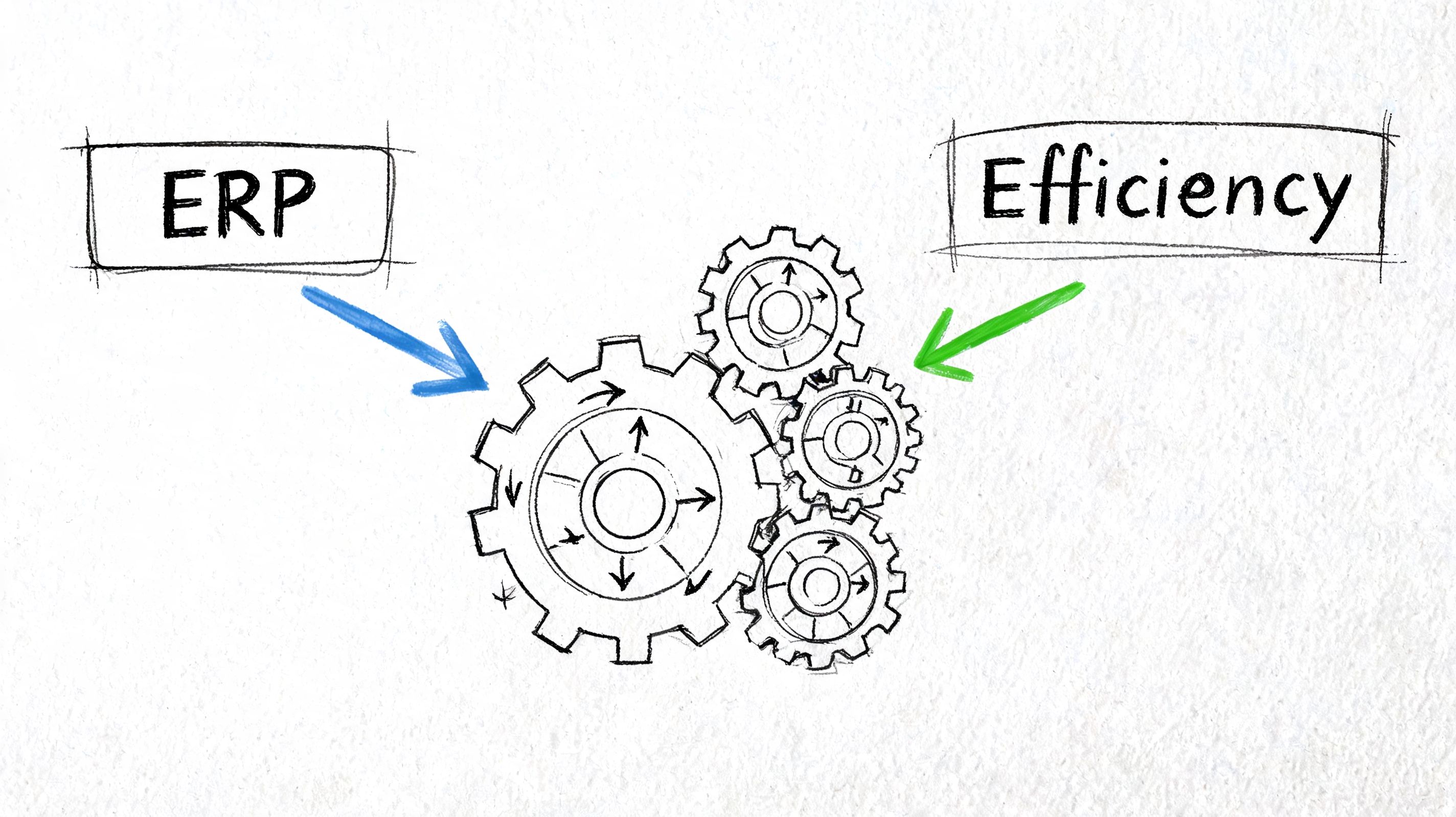 A hand-drawn sketch showing an ERP system represented by interlocking gears driving organizational efficiency and productivity.
