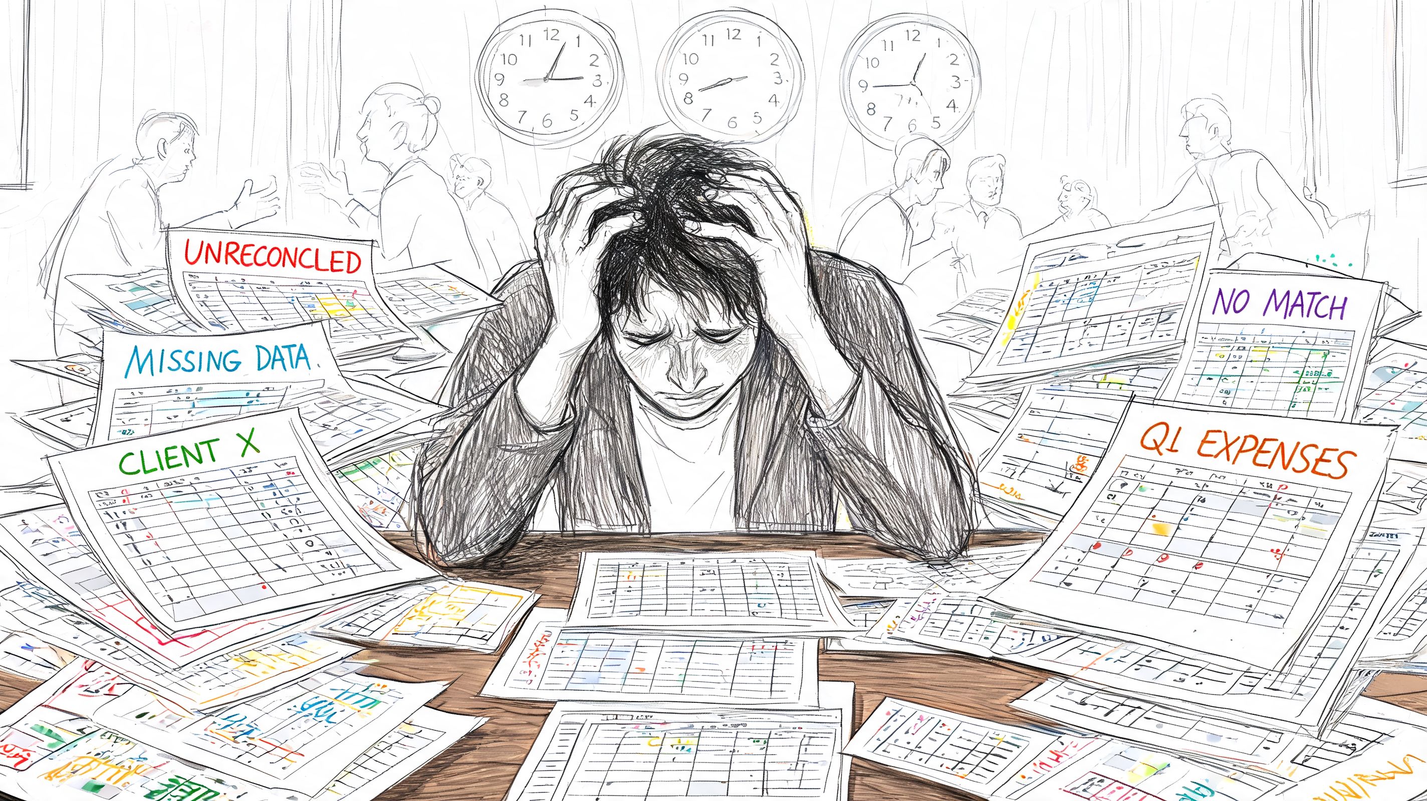 A stressed accountant sitting at a desk overflowing with chaotic financial spreadsheets and missing data.