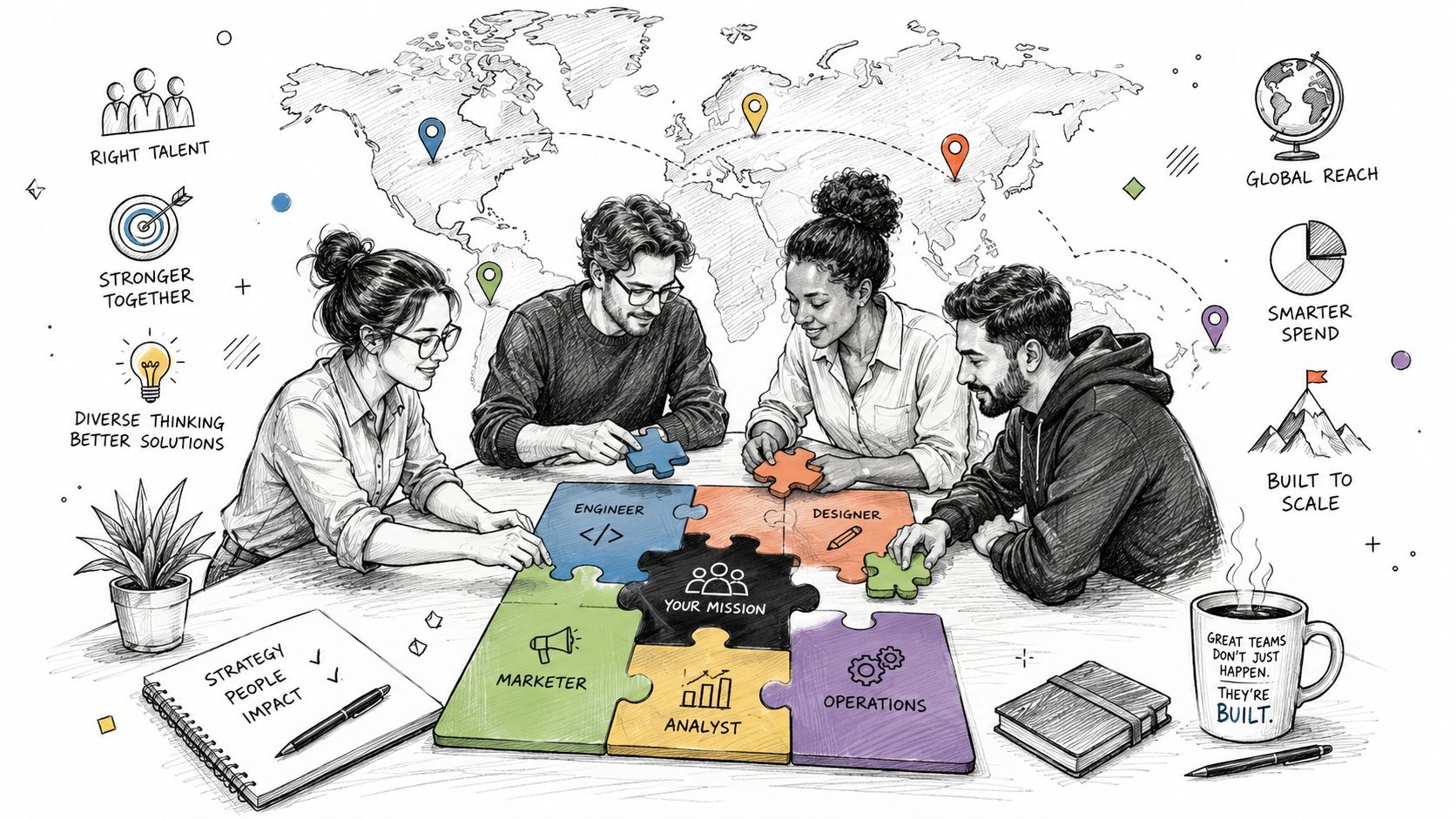 A diverse group of professionals working together on a collaborative business strategy puzzle around a desk.