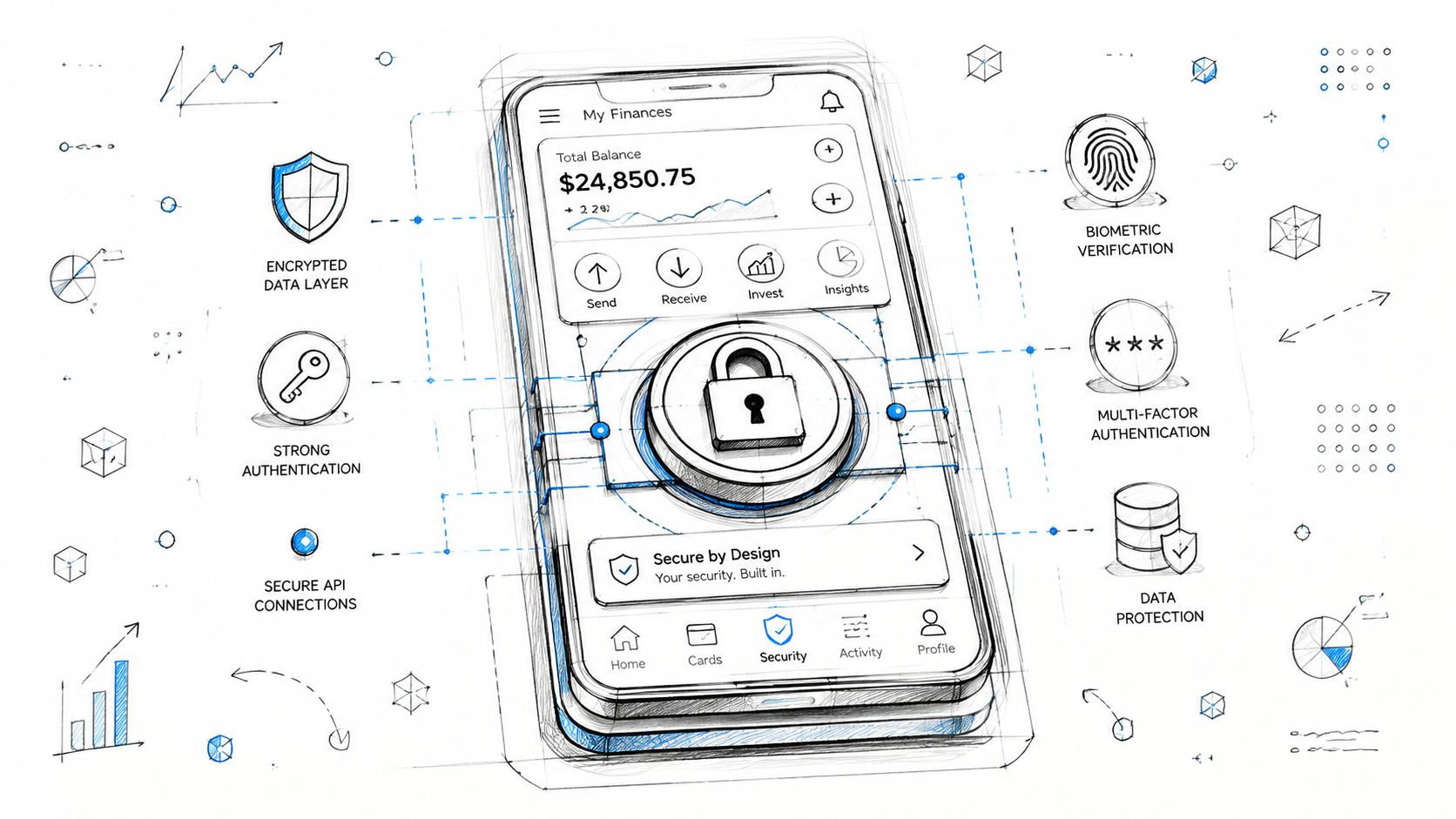 A digital illustration showing a mobile finance application screen surrounded by security icons and technical design sketches.