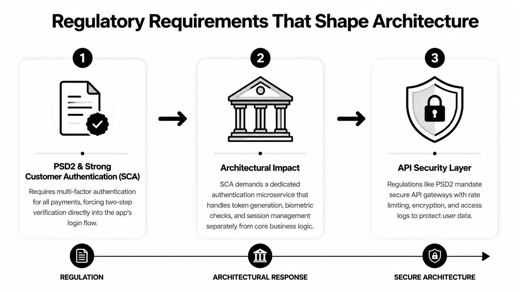 A diagram illustrating how PSD2 regulations and SCA requirements influence fintech application security and architectural design.