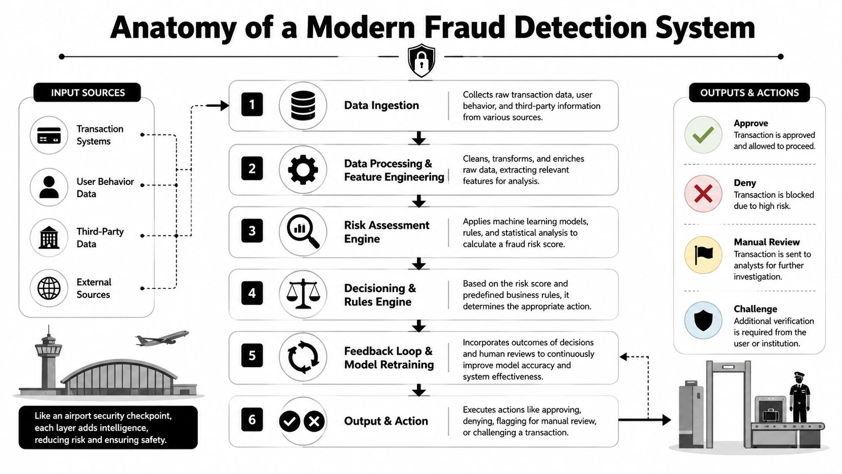 A diagram illustrating the six-step process of a modern fraud detection system and its input sources.