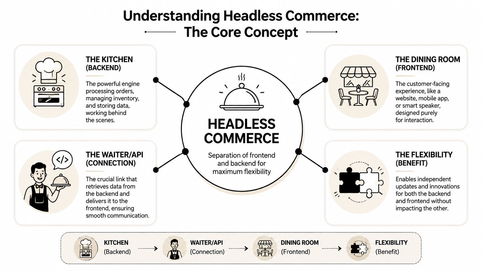 A diagram explaining headless commerce architecture using an analogy of a restaurant kitchen, waiter, and dining room.