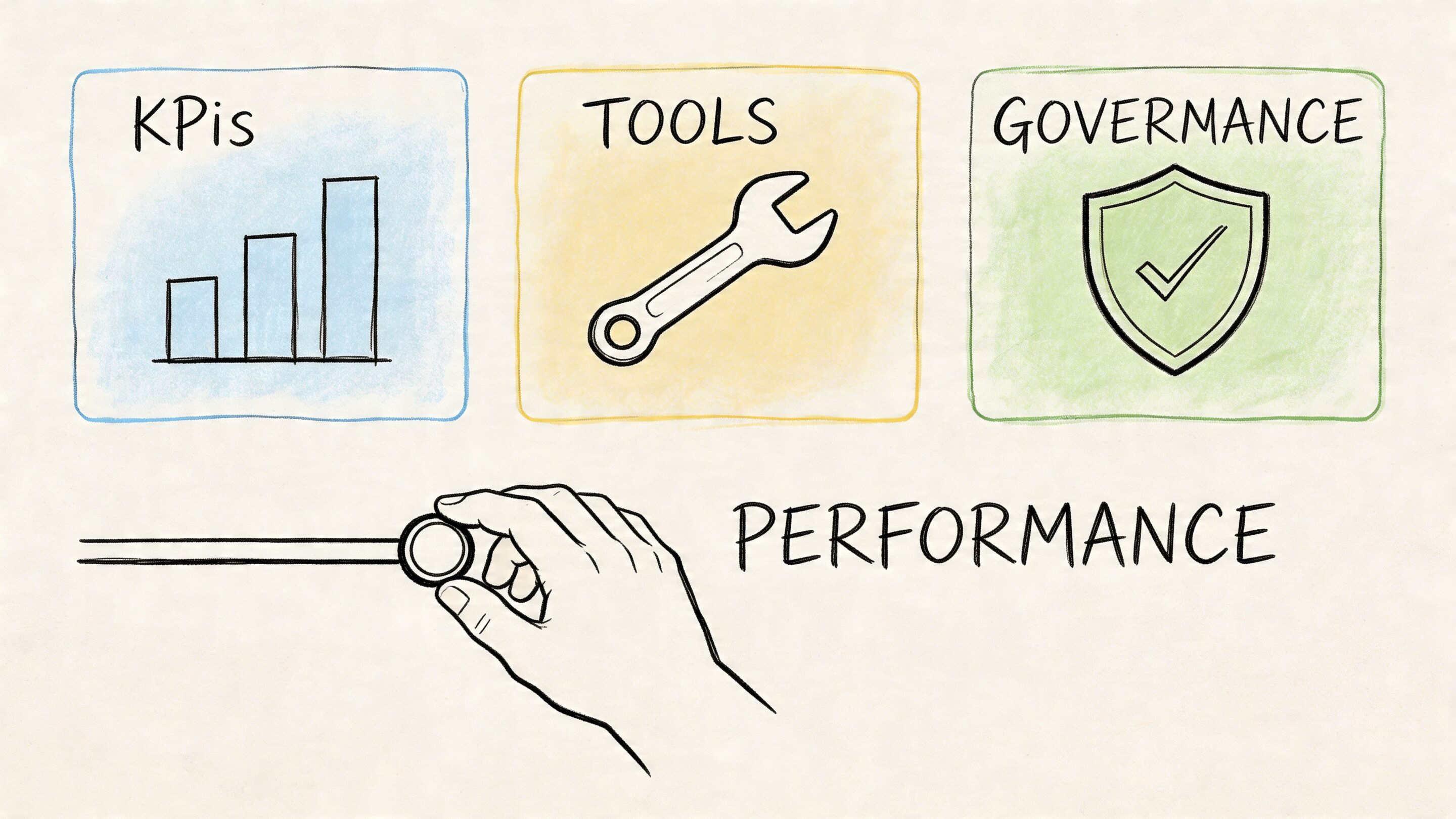A conceptual illustration showing KPIs, tools, and governance as key factors driving organizational performance management.