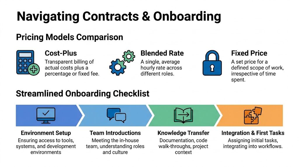 An infographic titled Navigating Contracts & Onboarding, comparing pricing models and listing a four-step development onboarding checklist.