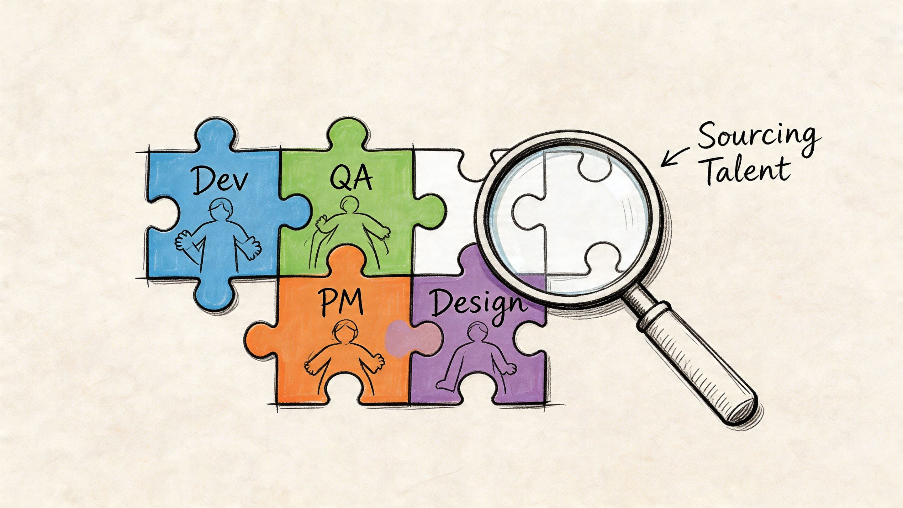 A puzzle diagram depicting team roles like Dev, QA, PM, and Design with a magnifying glass searching.