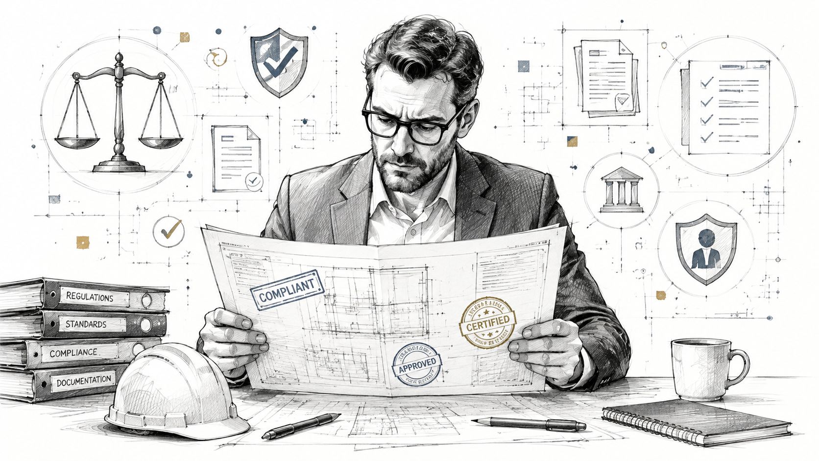 A professional reviewing architectural blueprints with compliance, certified, and approved stamps at a desk.
