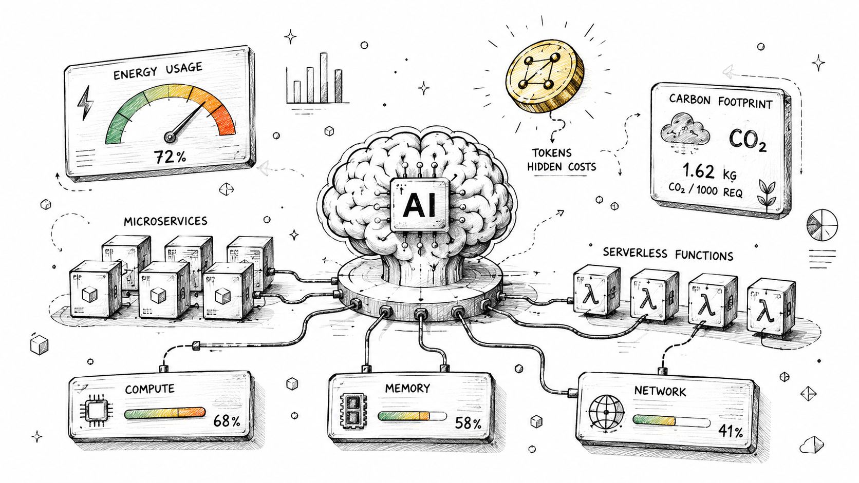 A hand-drawn illustration depicting the environmental and resource impact of artificial intelligence systems on technology infrastructure.