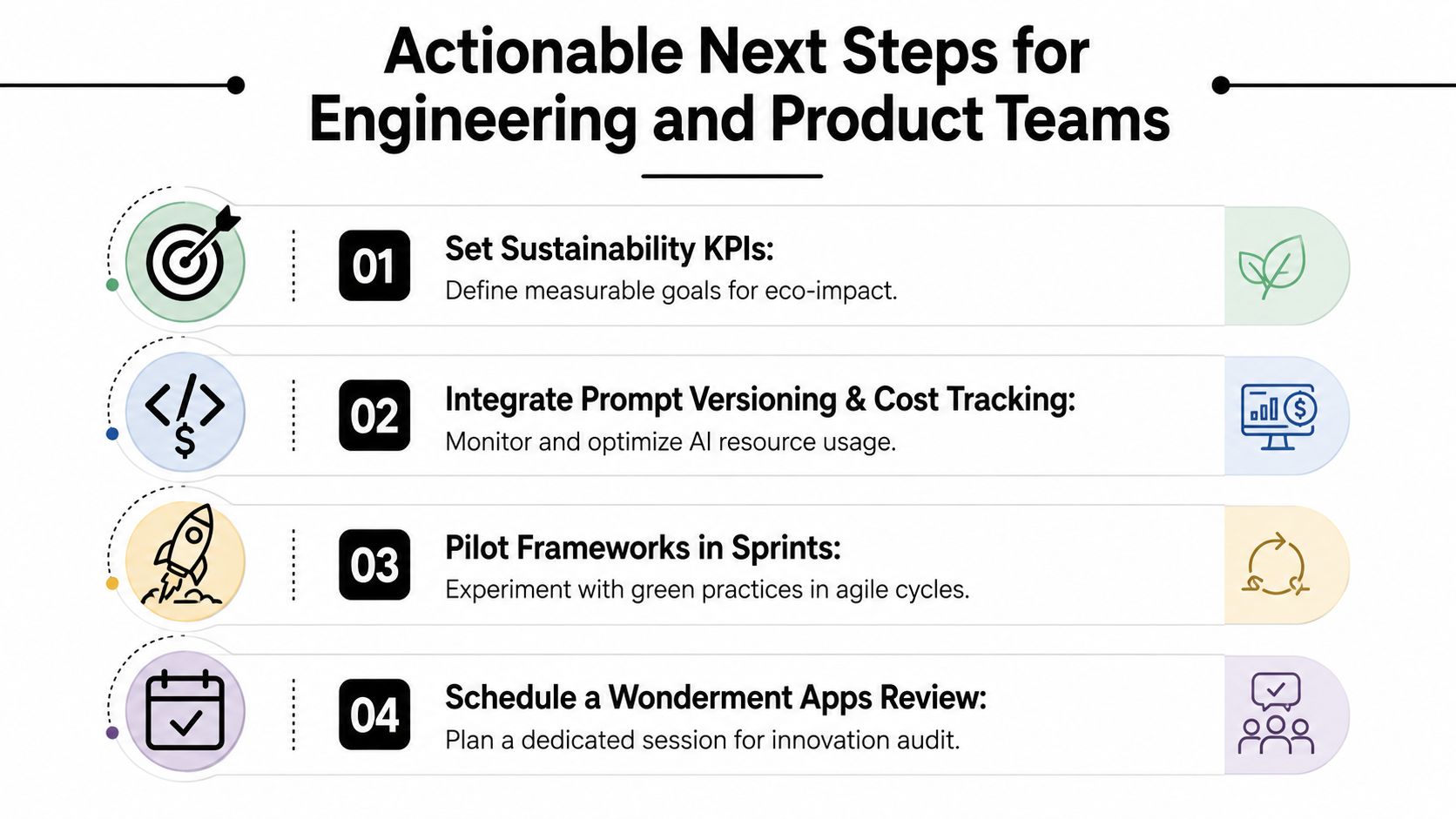 A four-step roadmap graphic titled Actionable Next Steps for Engineering and Product Teams regarding sustainable technology practices.