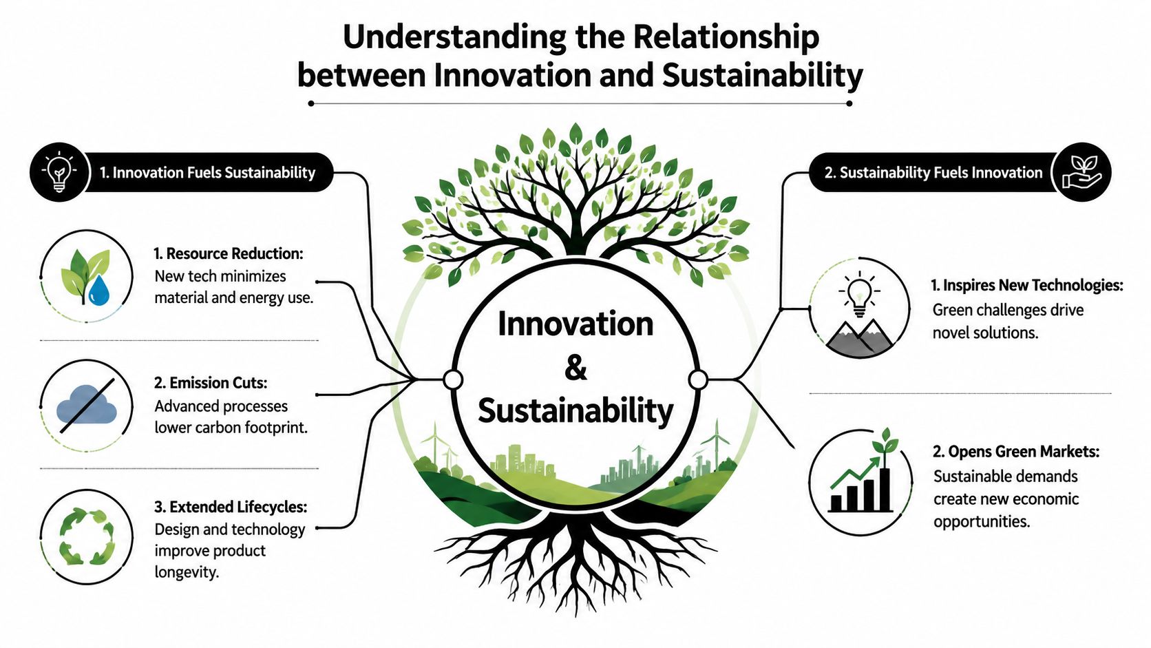 A diagram illustrating the interconnected relationship between innovation and sustainability with icons and descriptive text labels.