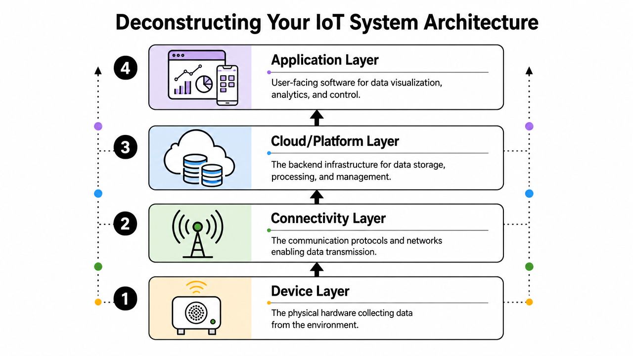 A diagram illustrating the four layers of an IoT system architecture including device, connectivity, cloud, and application.