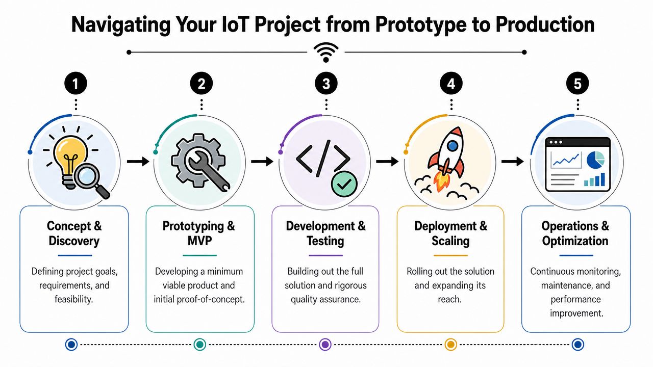 A five-step roadmap illustration outlining the IoT project lifecycle from initial concept to ongoing operational maintenance.