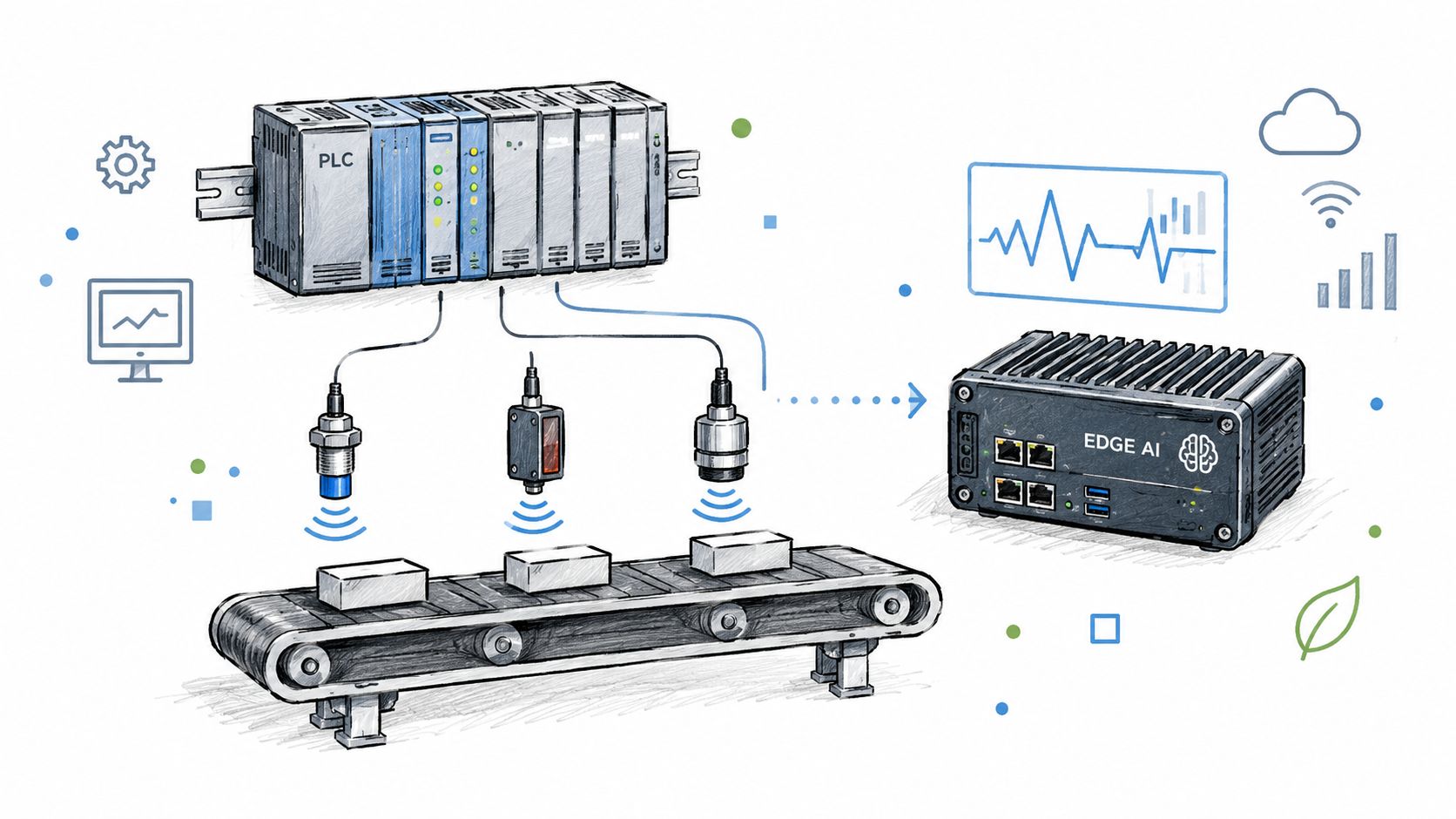 A diagram illustrating a PLC control system integrated with edge AI technology for industrial conveyor automation.