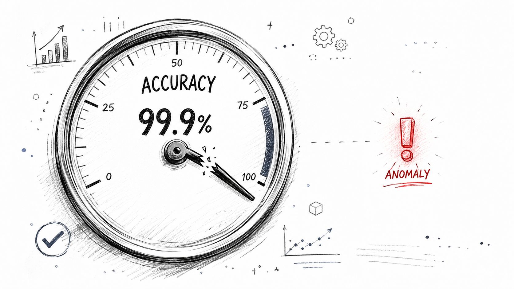 A hand-drawn illustration of an accuracy gauge showing 99.9% with a broken needle indicating a detected anomaly.