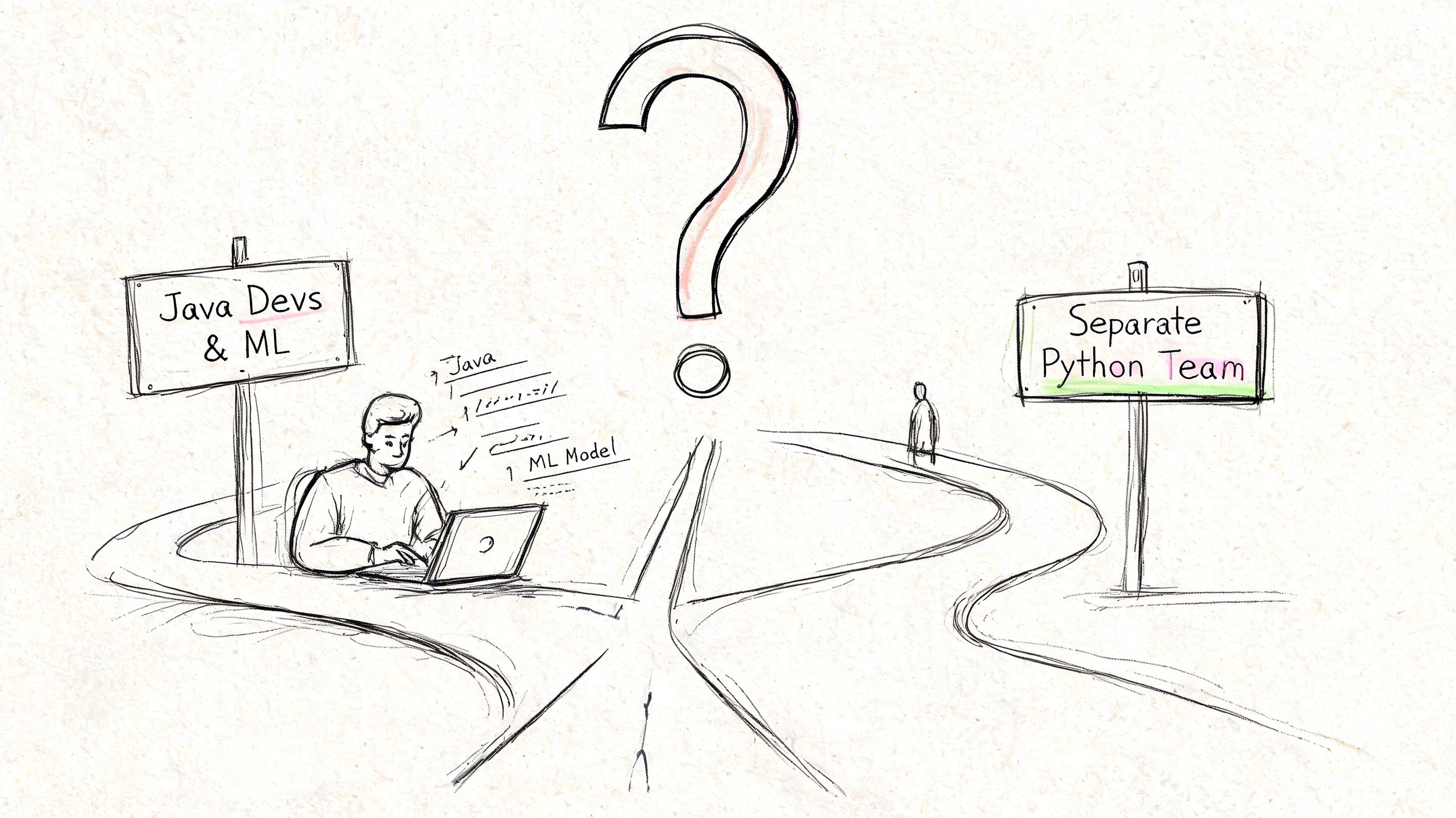 A hand-drawn illustration showing a decision fork between Java developers doing machine learning and a separate Python team.