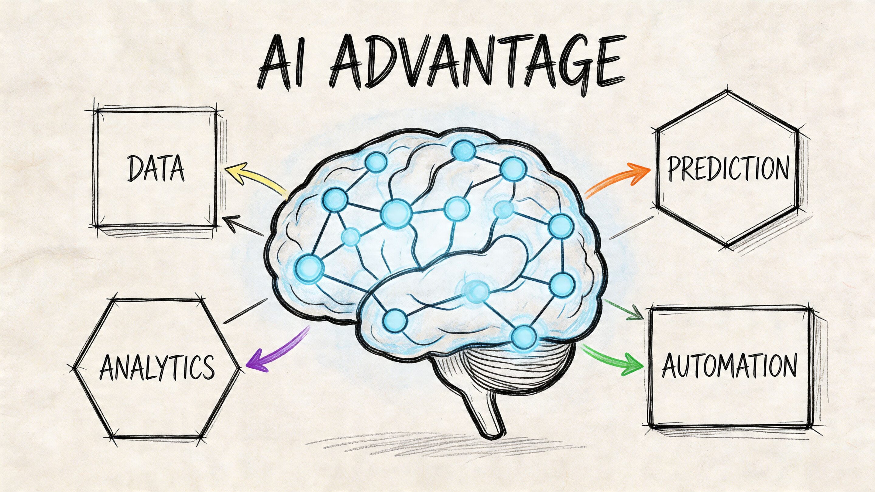 A conceptual diagram showing a human brain connected to four boxes labeled Data, Prediction, Automation, and Analytics.