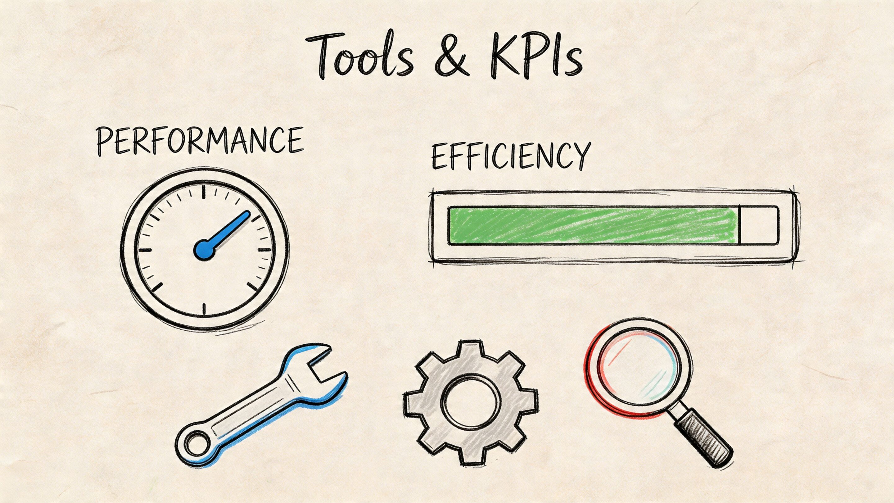 A hand-drawn graphic illustrating business concepts including performance, efficiency, tools, and analytics icons on paper.