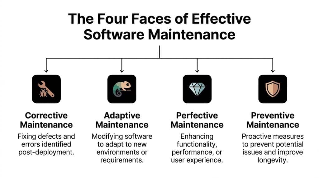 A diagram illustrating the four types of software maintenance: corrective, adaptive, perfective, and preventive with descriptive icons.