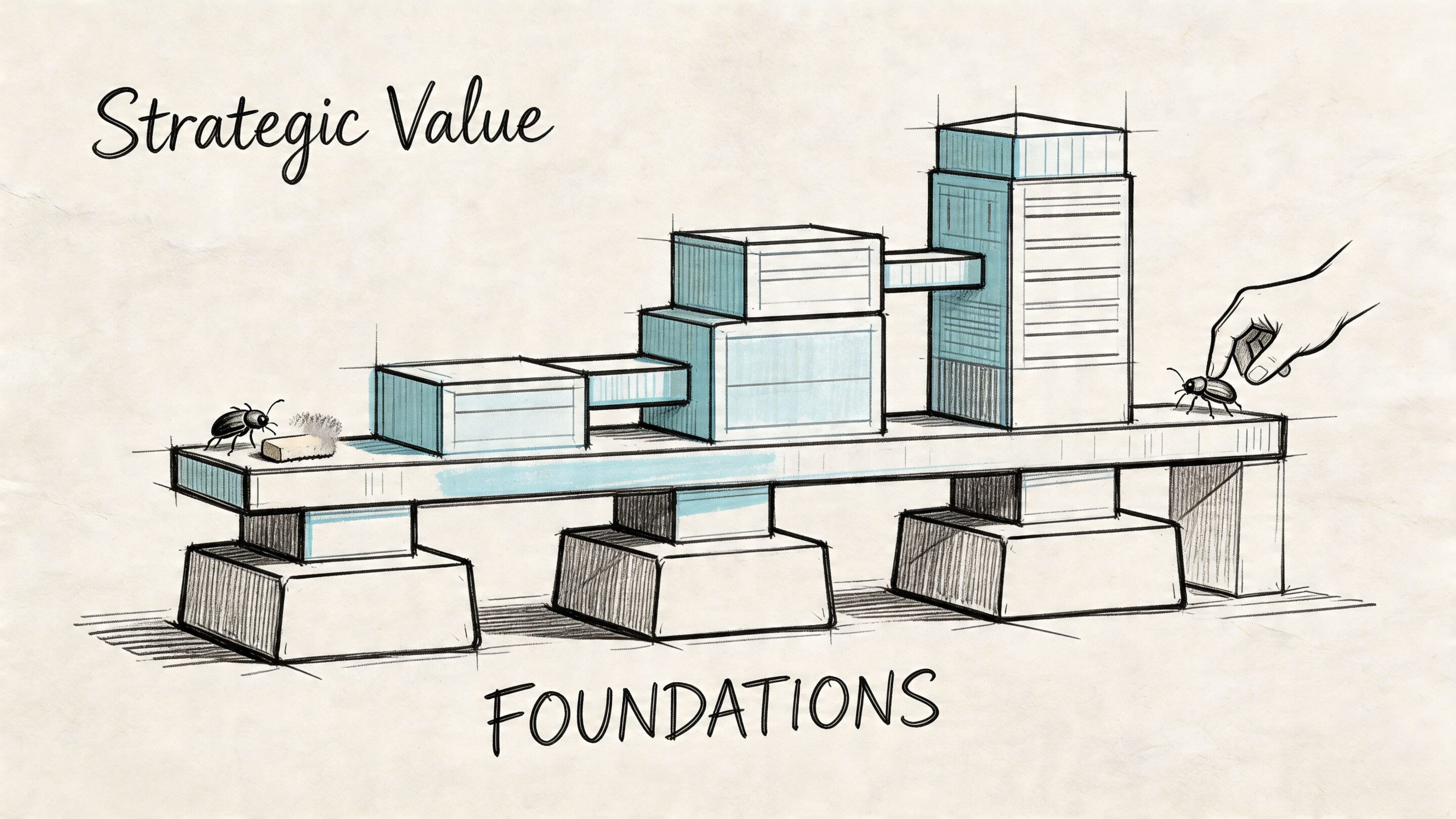 A conceptual sketch showing a structure being built on foundations with a hand interacting with a beetle.