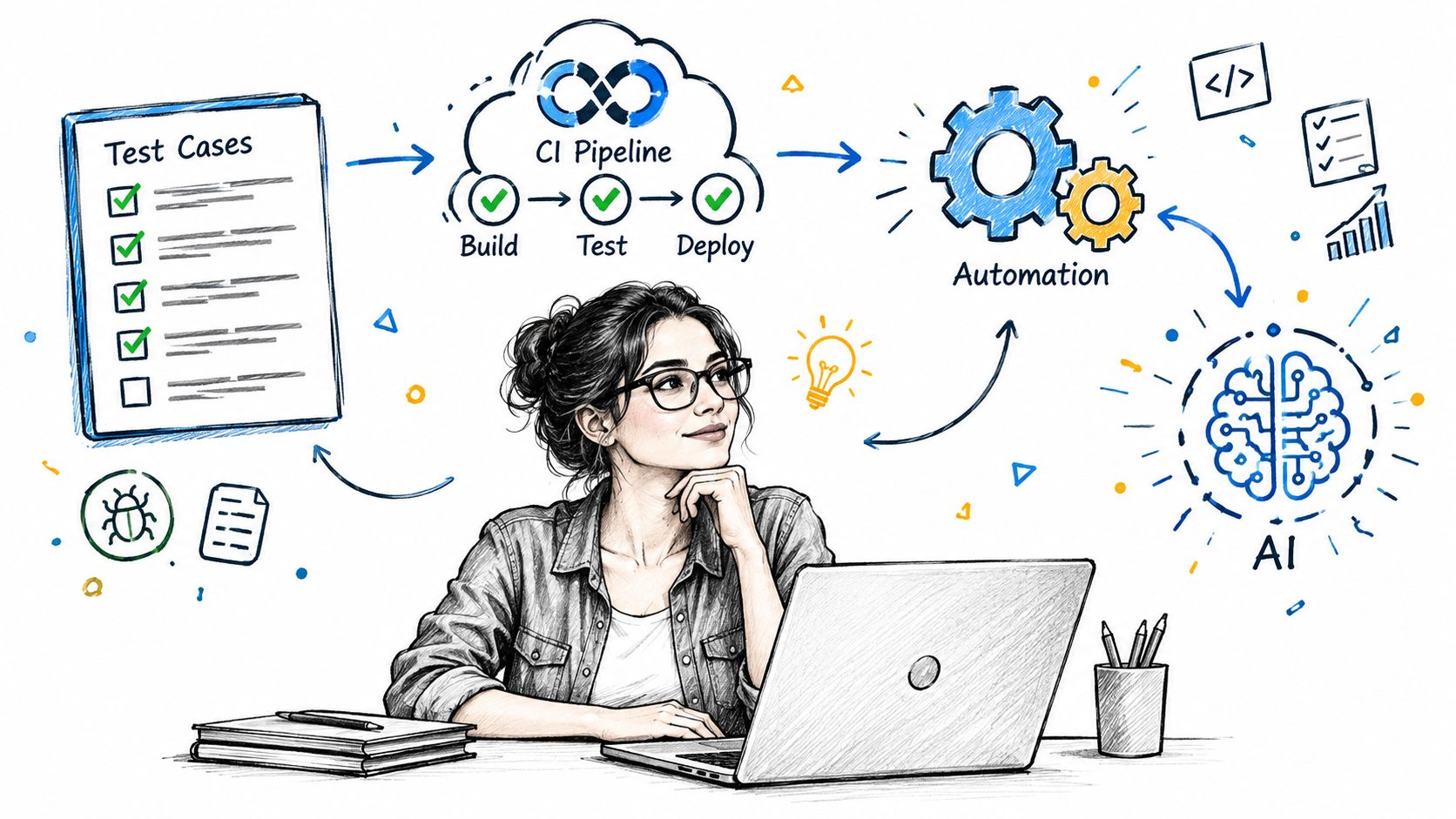 A woman working on a laptop surrounded by hand-drawn illustrations of CI pipelines, automation, and AI testing.