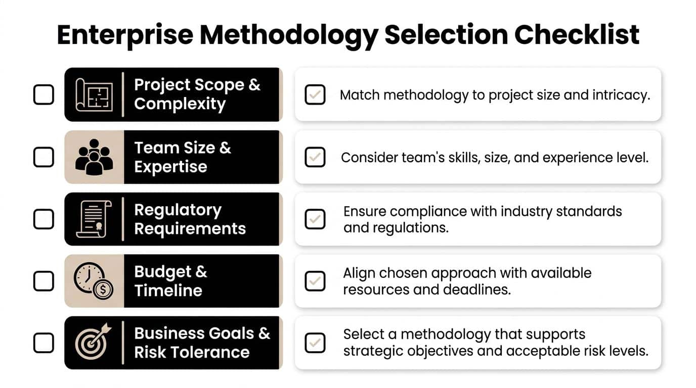 A checklist graphic titled Enterprise Methodology Selection Checklist listing five key factors for choosing project methodologies.
