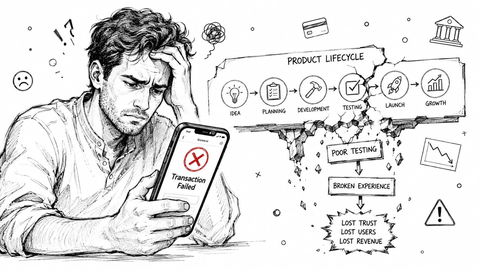 A frustrated man looking at a failed transaction on his phone due to poor software testing methodology.