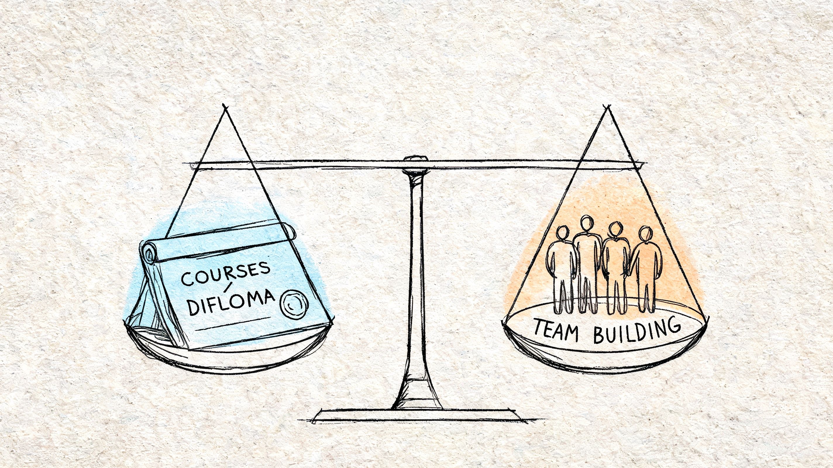 A hand-drawn scale balancing educational courses and diplomas on one side against team building on the other.