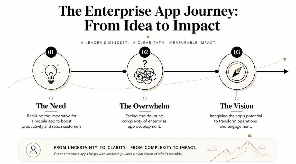 A three-step diagram outlining the enterprise mobile app journey from initial need to conceptual vision.