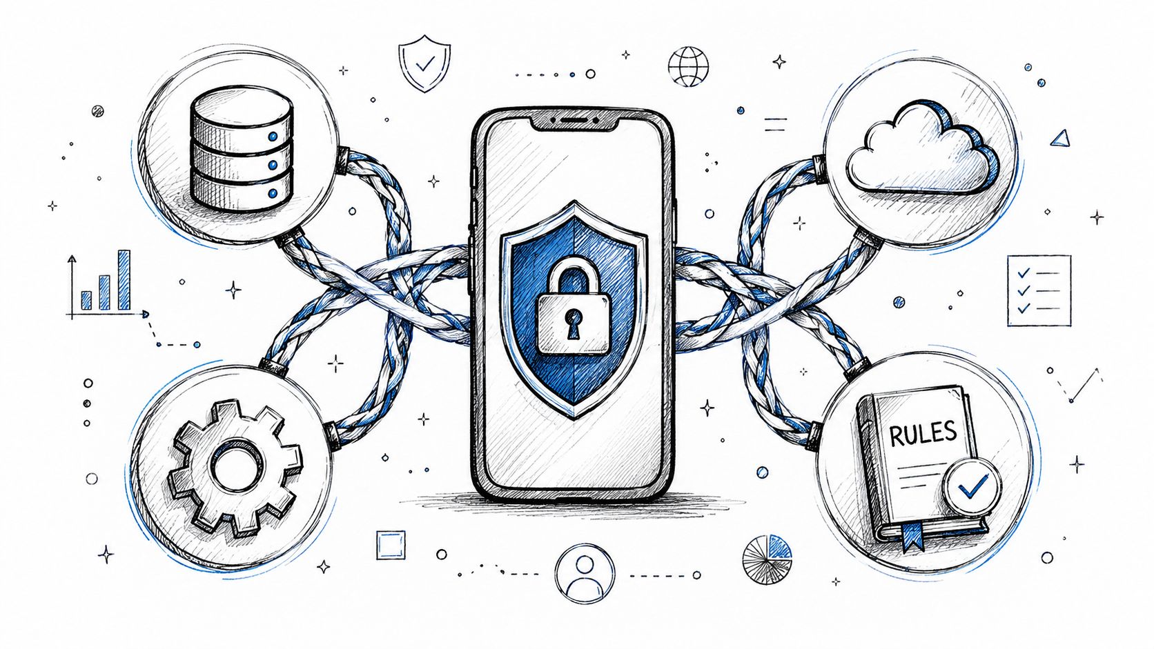 A hand-drawn illustration showing a smartphone protected by a shield connected to data, cloud, settings, and rules icons.
