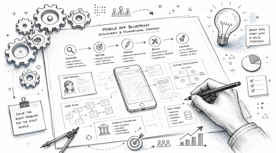 A hand-drawn illustration showing the mobile app development process from discovery and design to launch.